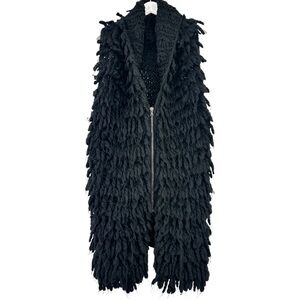 Ilaria Nistri Black Fuzzy Knit Faux Fur Sleeveless Long Vest Overcoat Jacket - M